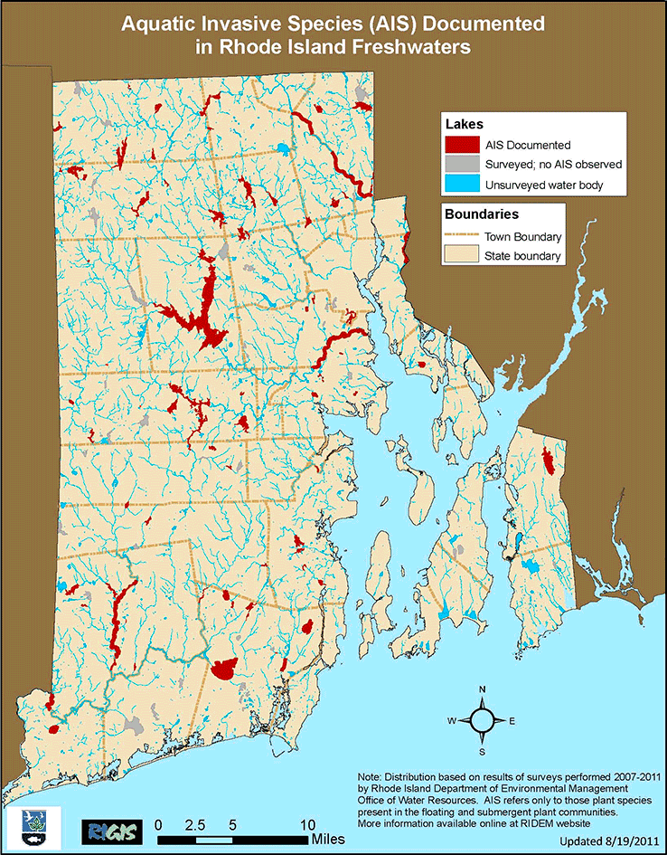 Map of Aquatic Invasive Species in Rhode Island